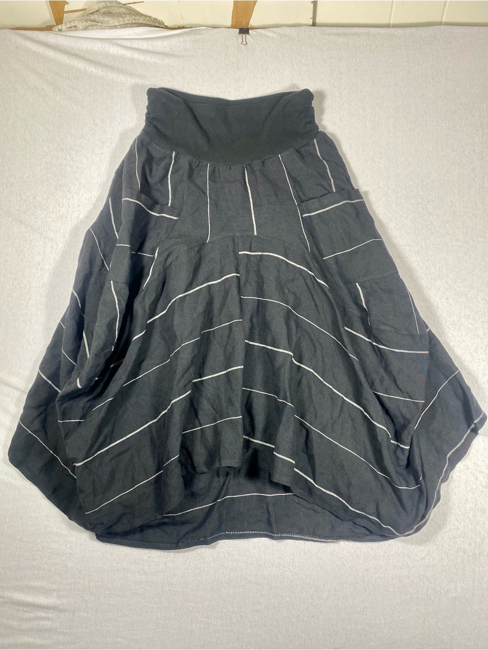 INIZIO Made in Italy 100% Linen Gray White Striped Lagenlook Skirt M